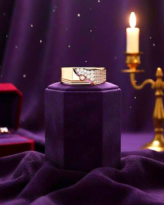 Riora luxury CZ statement ring for men and women with gold and silver band, showcasing a sparkling cubic zirconia design.
