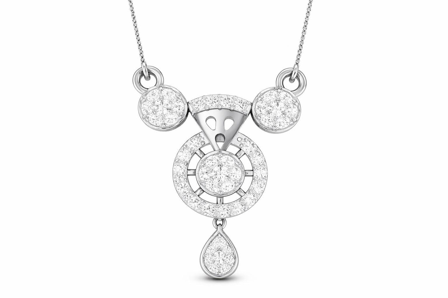 Riora moissanite halo drop necklace with diamond look pendant in rose gold, silver, and gold jewelry for wedding or bridal occasion