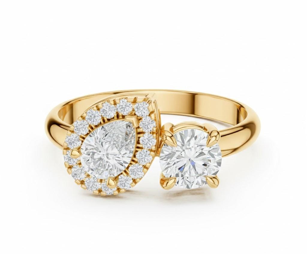 Two Stone CZ Ring | Pear & Round Halo | Gold, Rose Gold & Silver