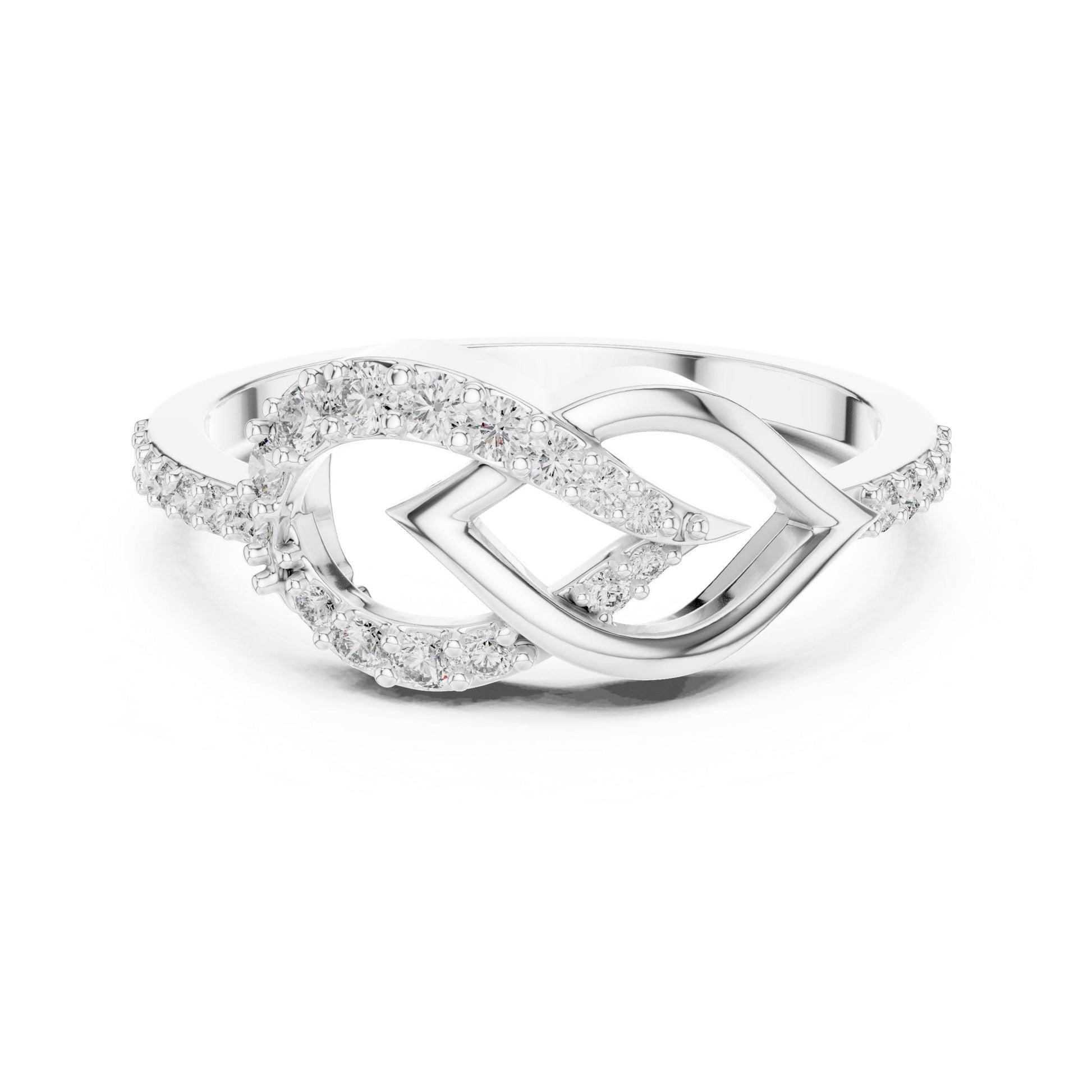 Rose gold infinity heart moissanite diamond ring with a delicate promise band, romantic jewelry for love and engagement by Riora