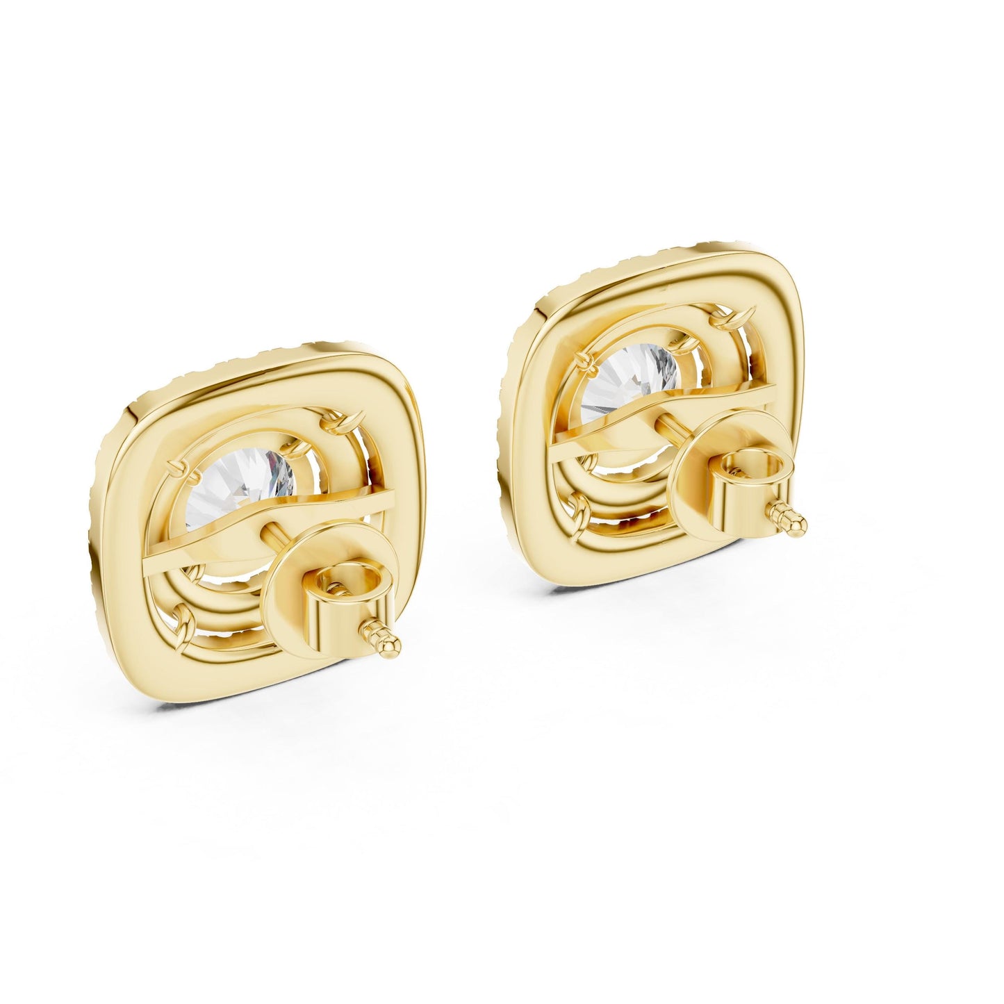 Rose gold moissanite diamond stud earrings with halo design by Riora, minimalist jewelry perfect for weddings or gift-giving