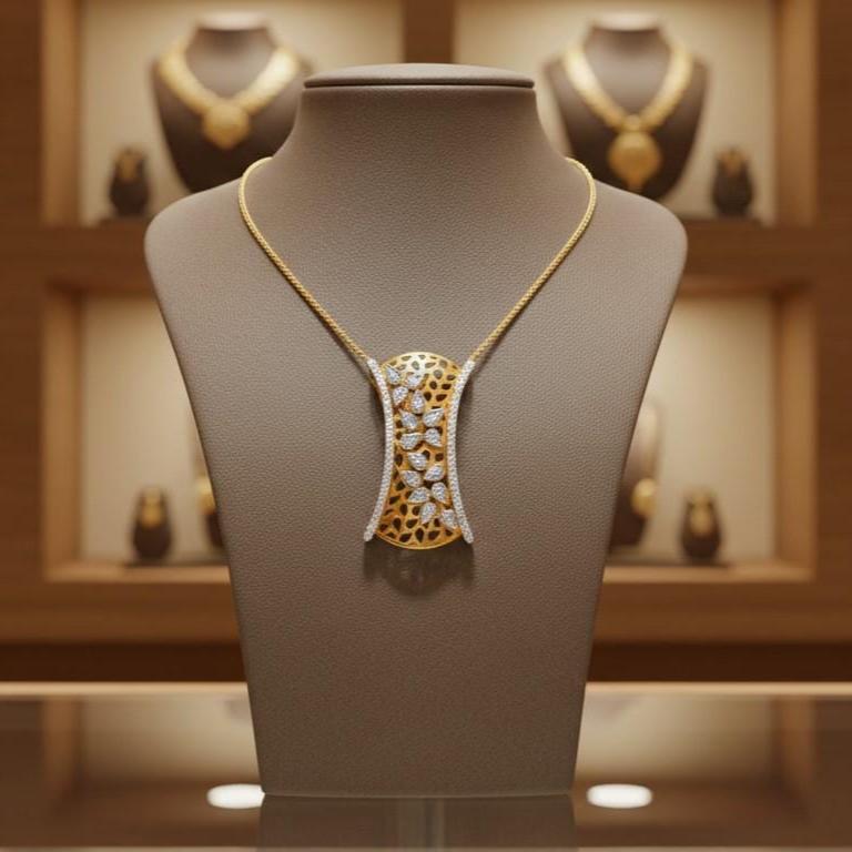 Riora moissanite leaf pendant necklace in gold, rose, and silver with a delicate design, hypoallergenic jewelry for women.