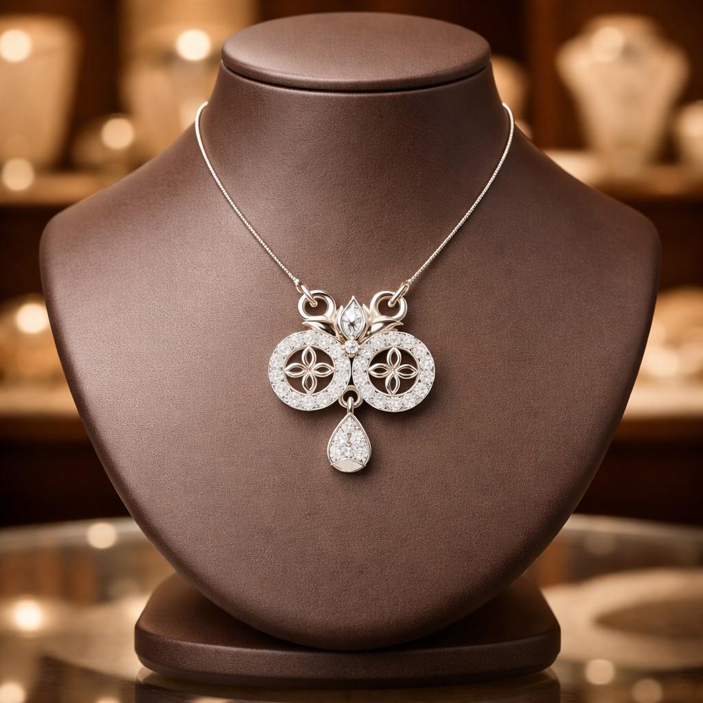 Riora moissanite floral pendant necklace in gold, rose gold, and silver with dainty, elegant jewelry design for women.