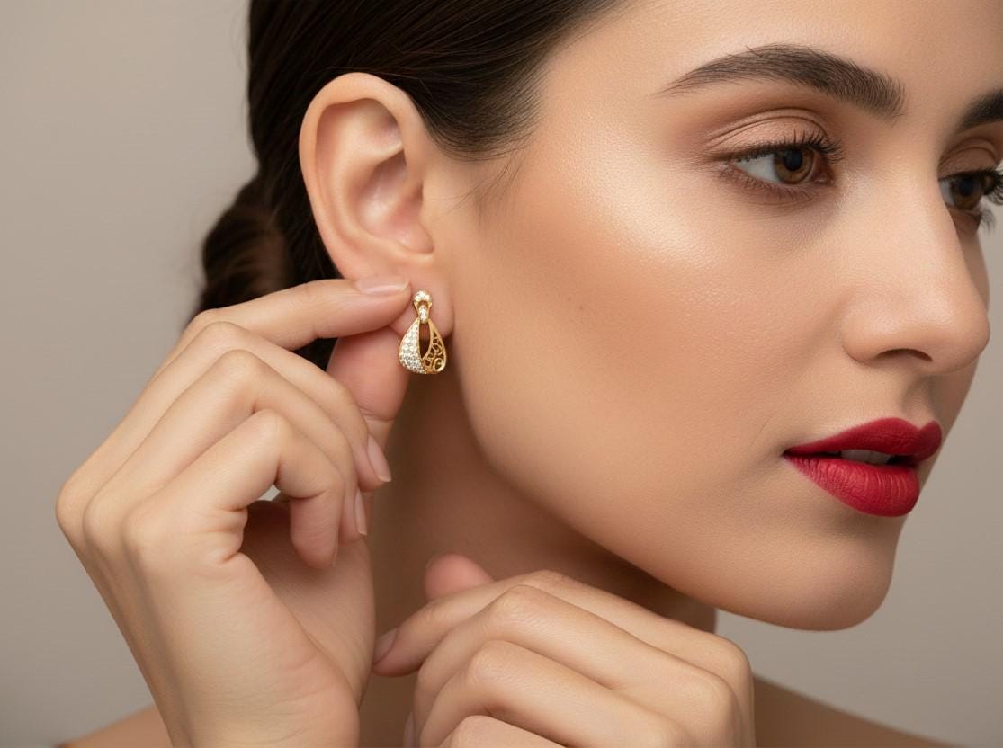 Riora moissanite drop stud earrings in gold, silver, and rose gold with elegant dangle design, perfect for bridal or gift occasions
