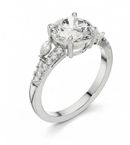 Rose gold silver luxury engagement ring with intricate detailing, nickel-free bridal jewelry by Riora for romantic promises.