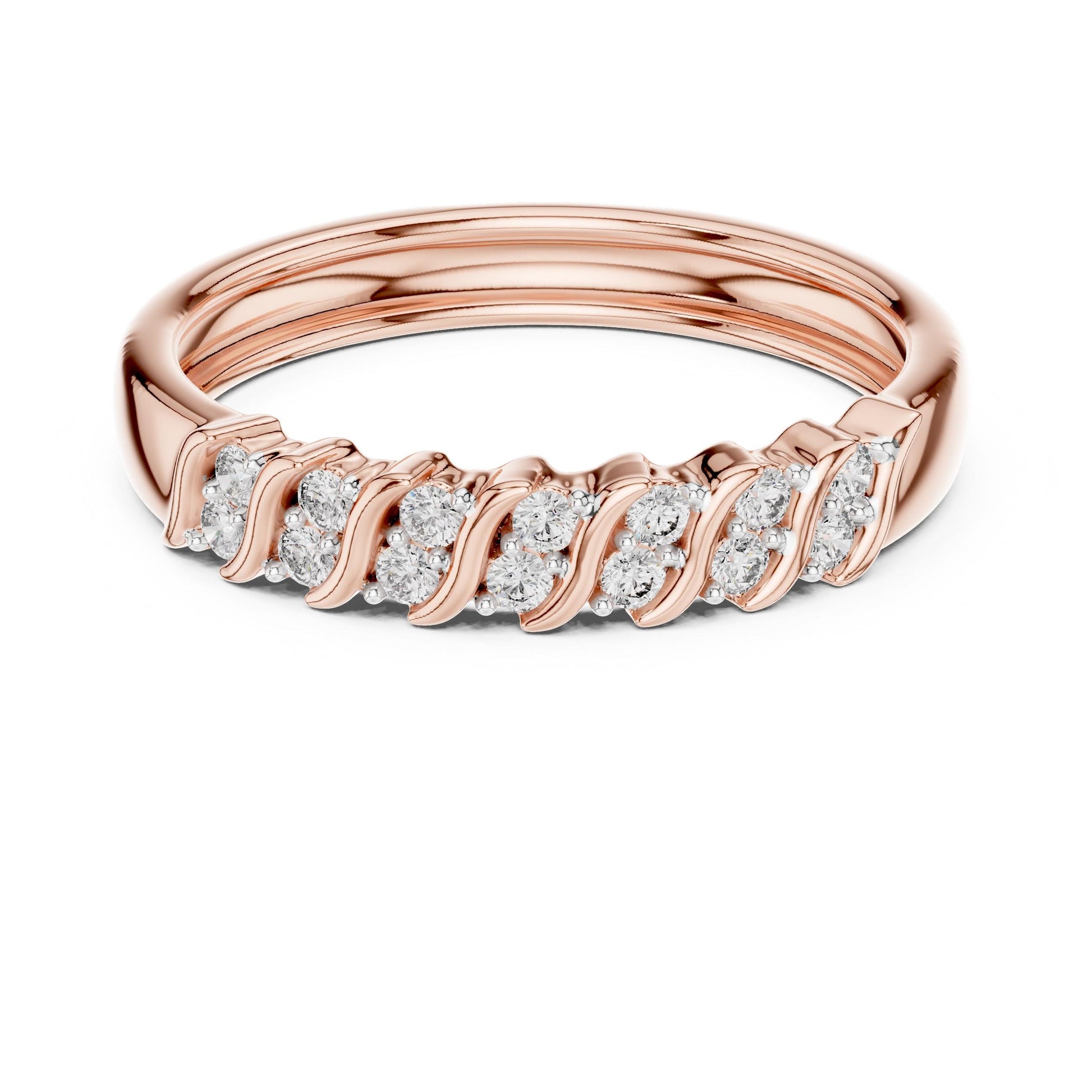 Riora Moissanite curved diamond wave wedding band in rose gold and silver, featuring half eternity design for anniversary or special occasion.