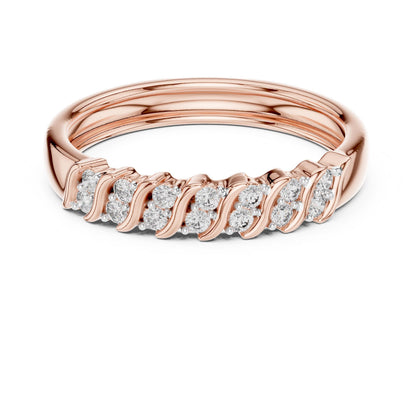 Riora Moissanite curved diamond wave wedding band in rose gold and silver, featuring half eternity design for anniversary or special occasion.