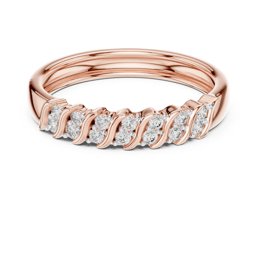 Riora Moissanite curved diamond wave wedding band in rose gold and silver, featuring half eternity design for anniversary or special occasion.