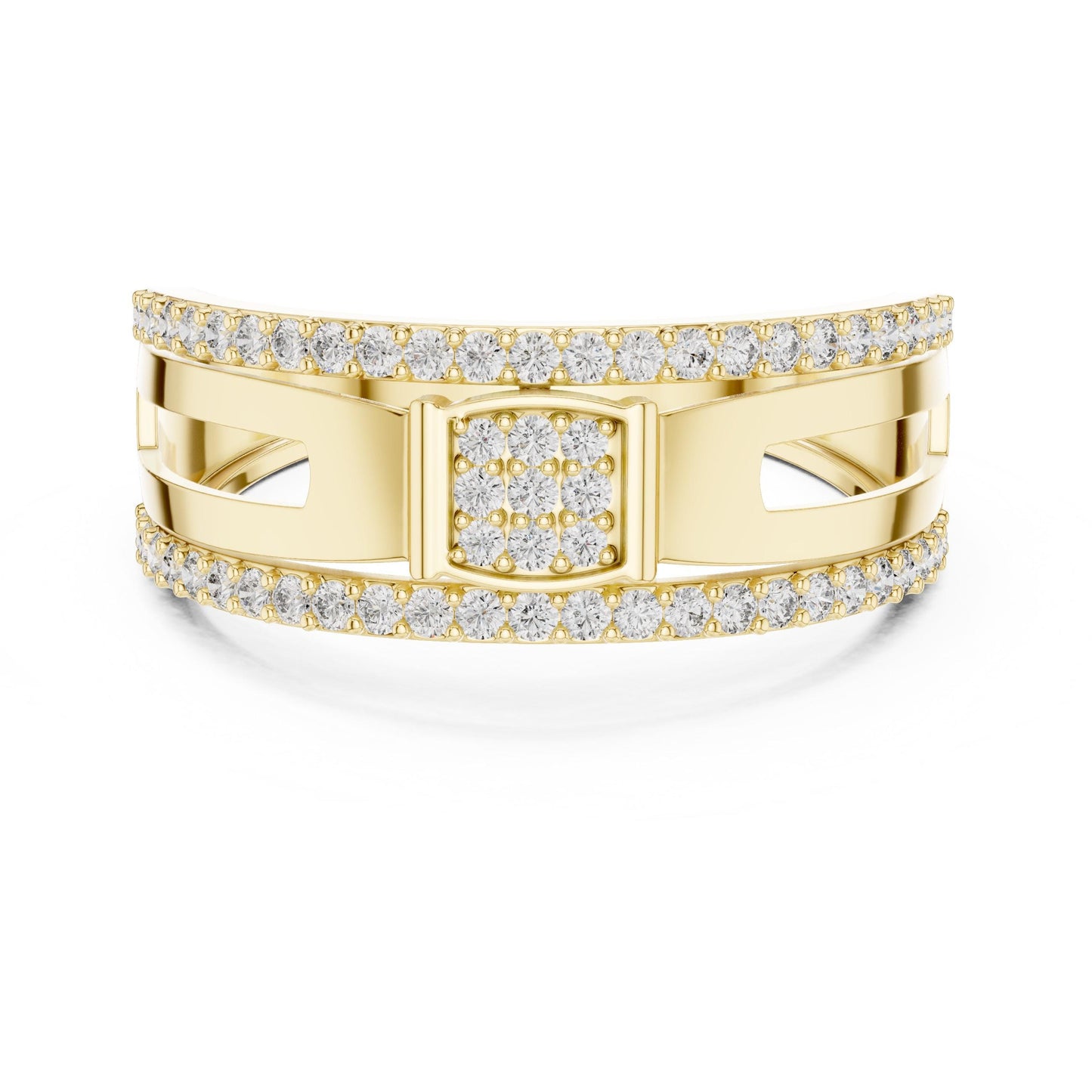 Riora luxury CZ double row wide band ring in rose silver, hypoallergenic anniversary promise jewelry, close-up view of the ring.