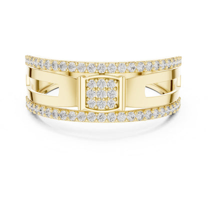 Riora luxury CZ double row wide band ring in rose silver, hypoallergenic anniversary promise jewelry, close-up view of the ring.