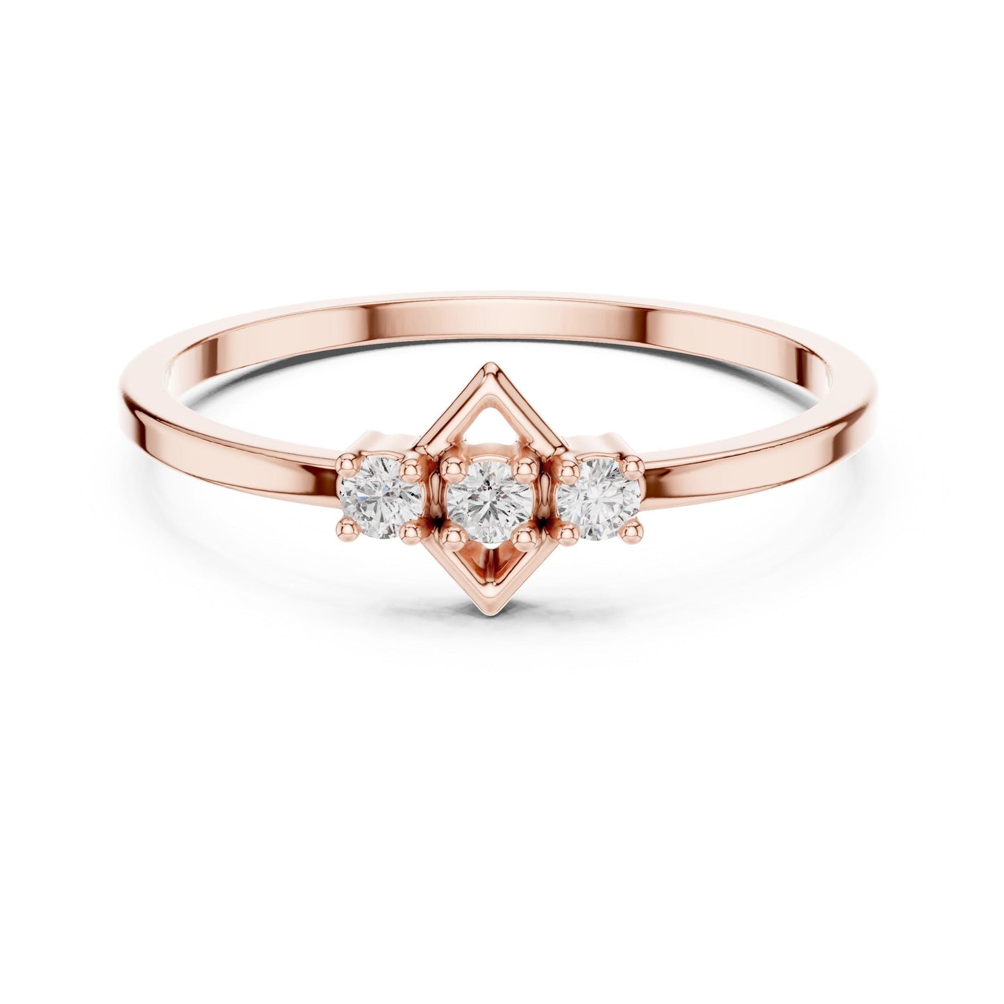 Rose gold three stone moissanite diamond engagement ring with minimalist design and promise band, featuring elegant bridal jewelry details.