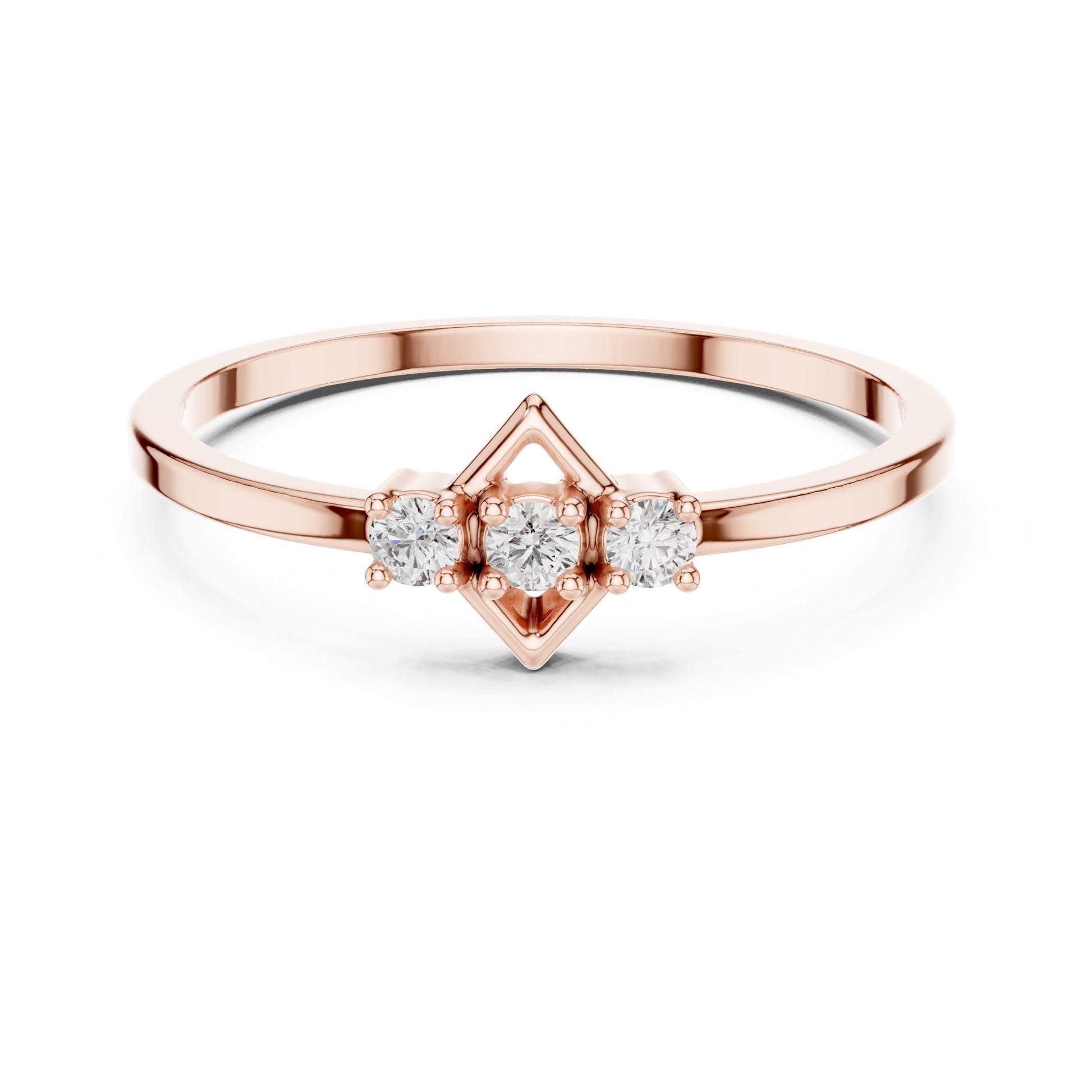 Rose gold three stone moissanite diamond engagement ring with minimalist design and promise band, featuring elegant bridal jewelry details.