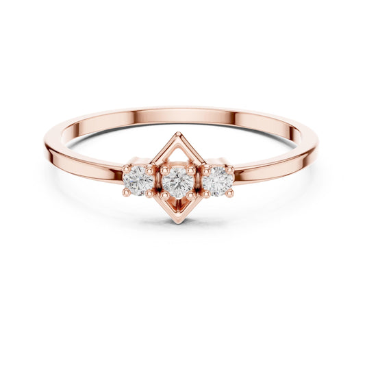 Rose gold three stone moissanite diamond engagement ring with minimalist design and promise band, featuring elegant bridal jewelry details.