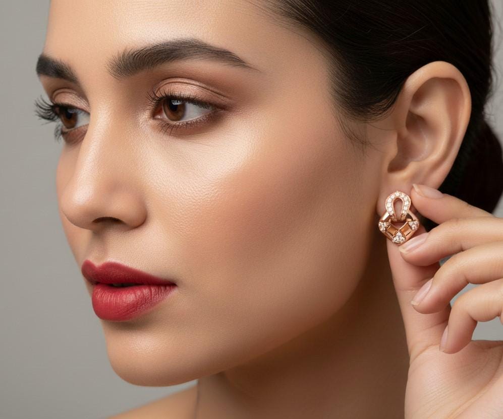 Riora Moissanite stud earrings in gold, rose, and silver with diamond-like sparkle, hypoallergenic and nickel-free jewelry for women