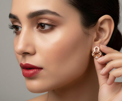 Riora Moissanite stud earrings in gold, rose, and silver with diamond-like sparkle, hypoallergenic and nickel-free jewelry for women