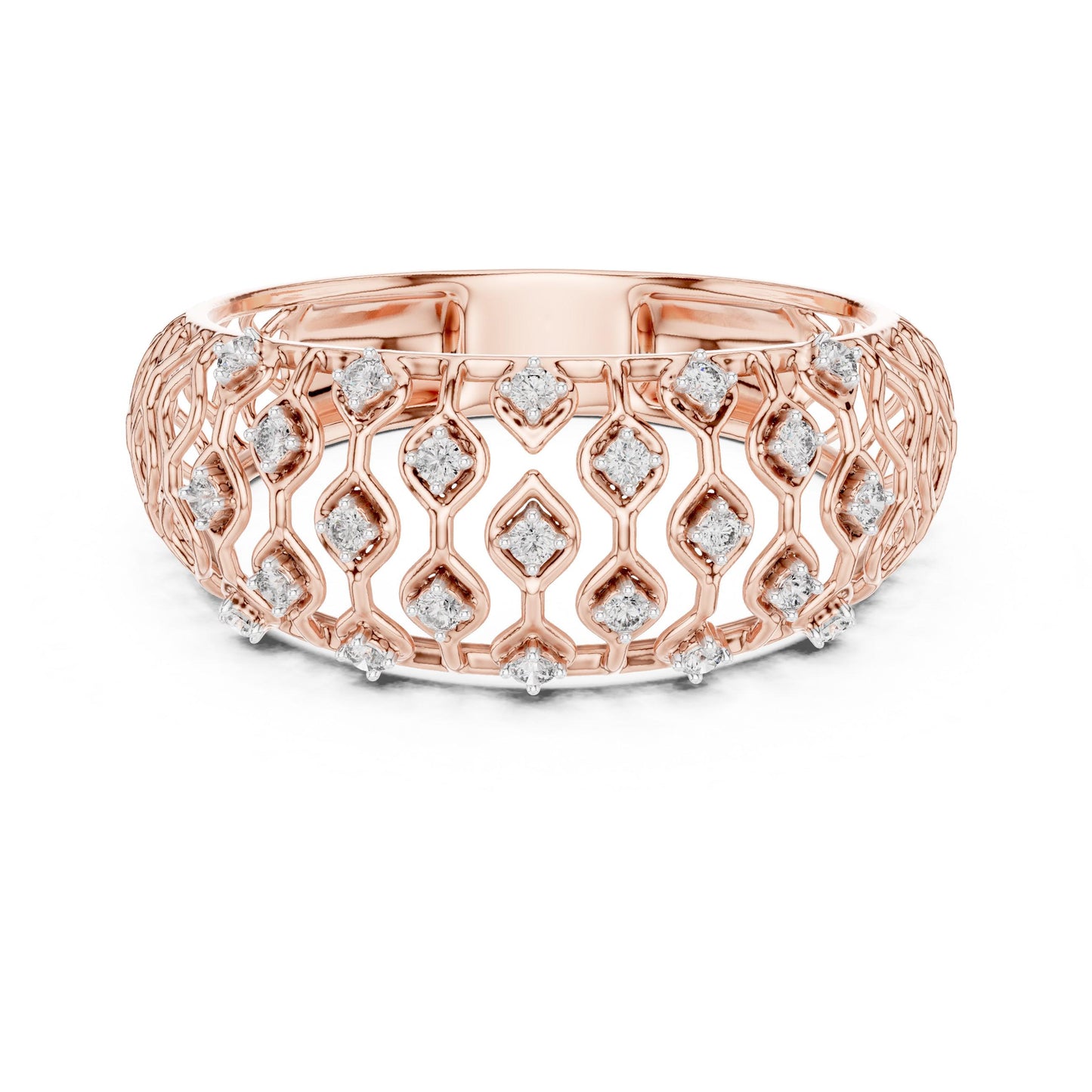 Riora Moissanite wide lattice rose gold wedding band with diamond look, luxurious bridal jewelry for anniversary or special occasions.