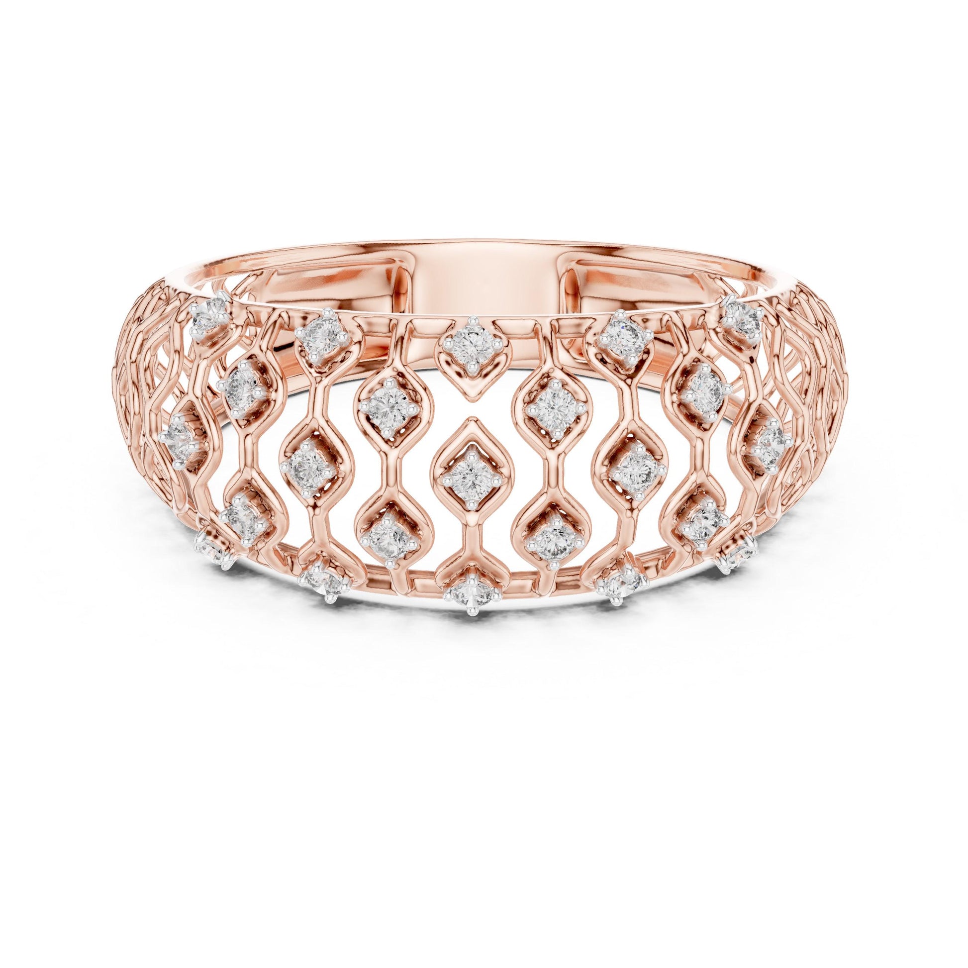 Riora Moissanite wide lattice rose gold wedding band with diamond look, luxurious bridal jewelry for anniversary or special occasions.