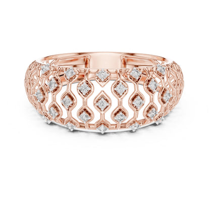 Riora Moissanite wide lattice rose gold wedding band with diamond look, luxurious bridal jewelry for anniversary or special occasions.