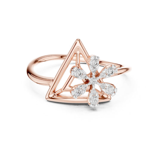 Riora Moissanite flower triangle ring with geometric floral design, gold rose gold band, minimalist style, diamond accents visible