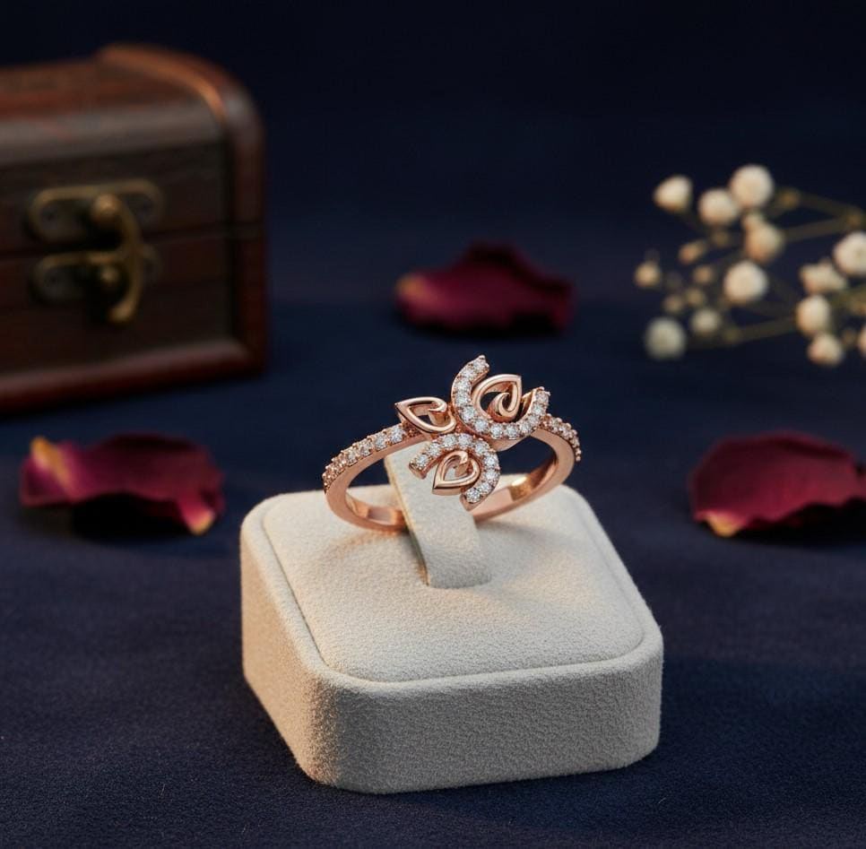 Rose gold butterfly moissanite diamond ring by Riora featuring delicate nature-inspired design and minimalist elegance.