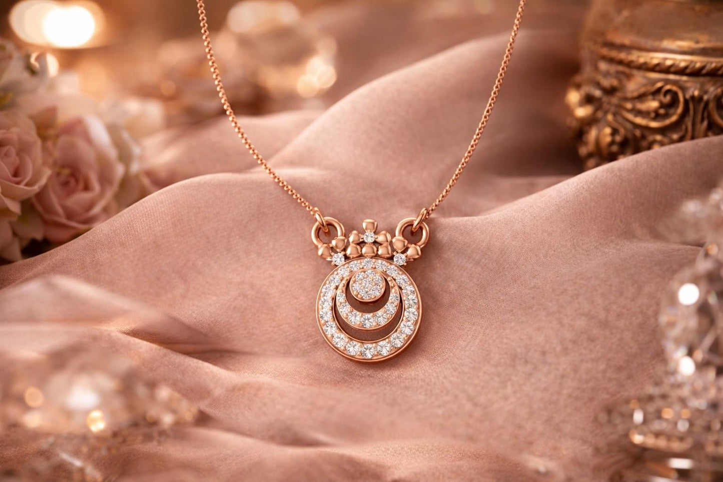 Riora moissanite halo pendant necklace in rose gold with a circular design, elegant minimal bridal jewelry for women.