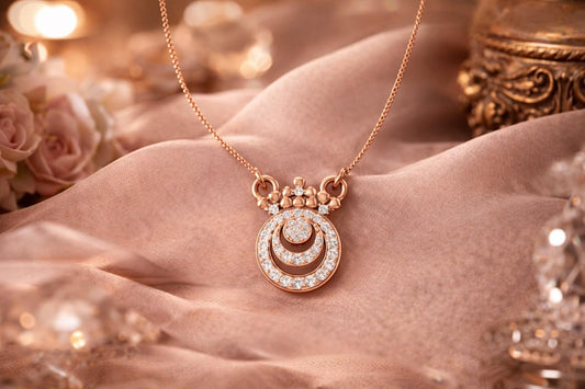 Riora moissanite halo pendant necklace in rose gold with a circular design, elegant minimal bridal jewelry for women.