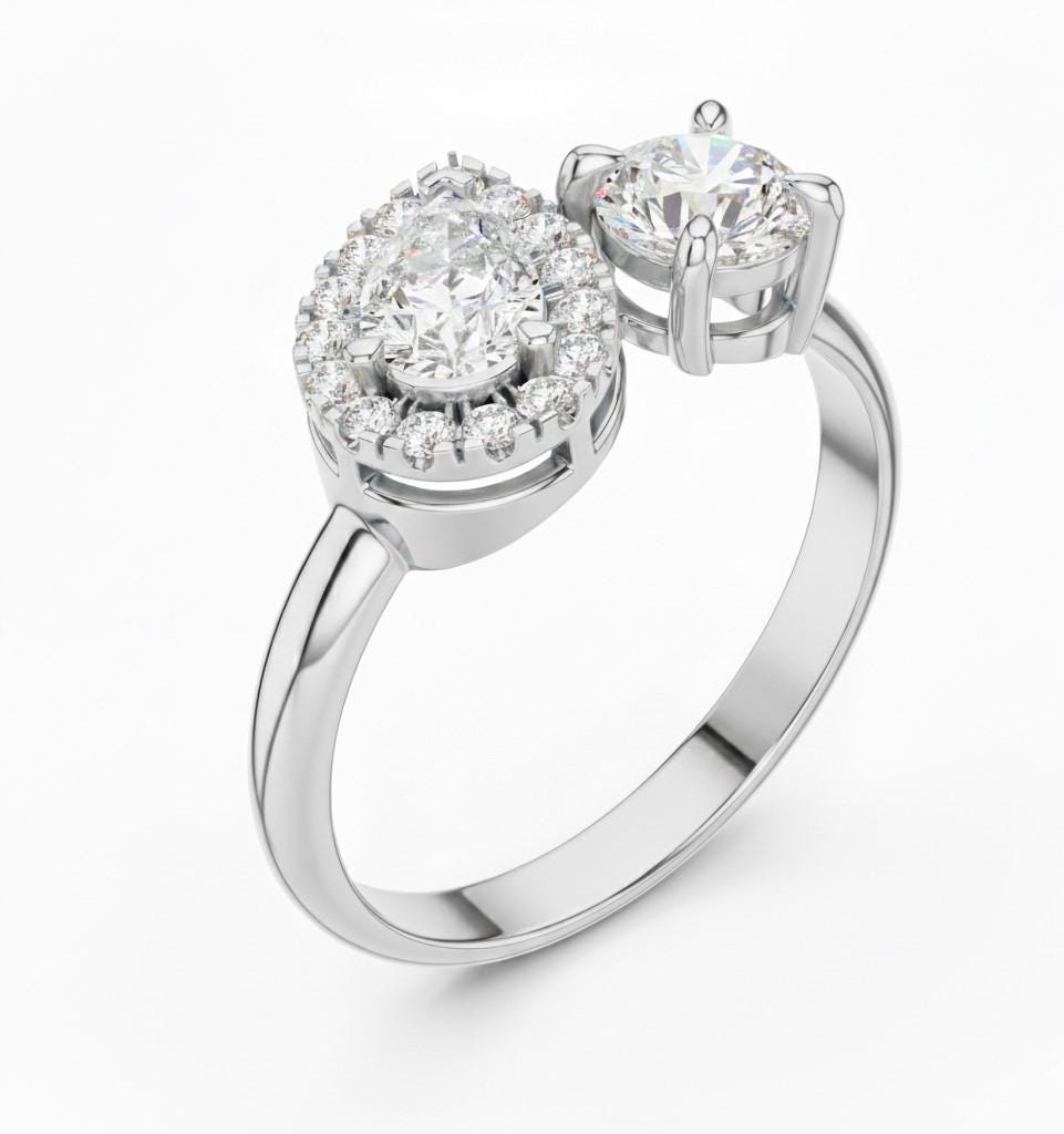 Two Stone CZ Ring | Pear & Round Halo | Gold, Rose Gold & Silver