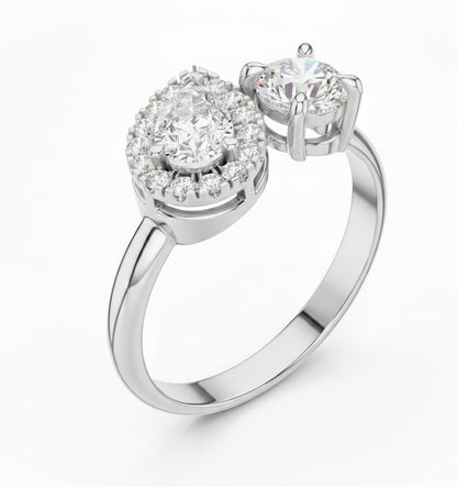 Two Stone CZ Ring | Pear & Round Halo | Gold, Rose Gold & Silver