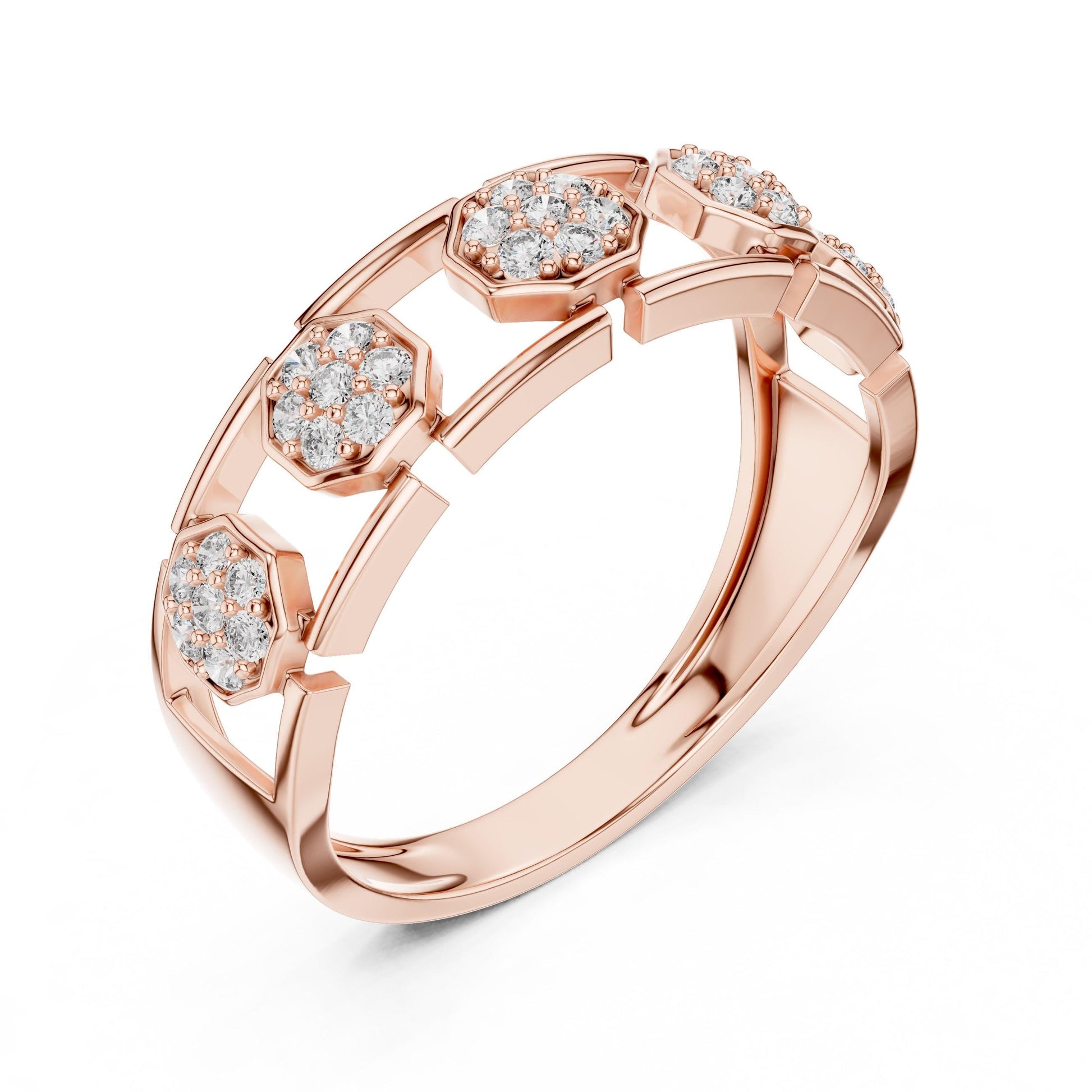 Riora cubic zirconia hexagon band ring for women in gold, rose gold, or silver, size 5-11, perfect for weddings or promises.