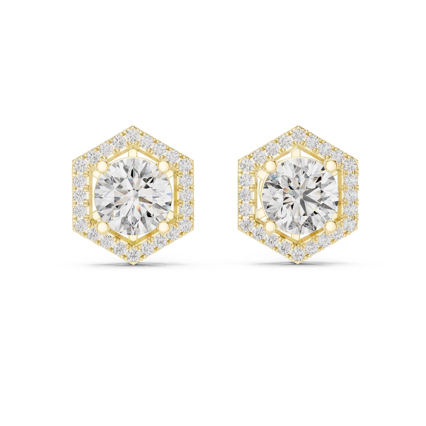 Riora hexagon moissanite diamond stud earrings in rose gold and silver, minimalist geometric dainty jewelry for women.
