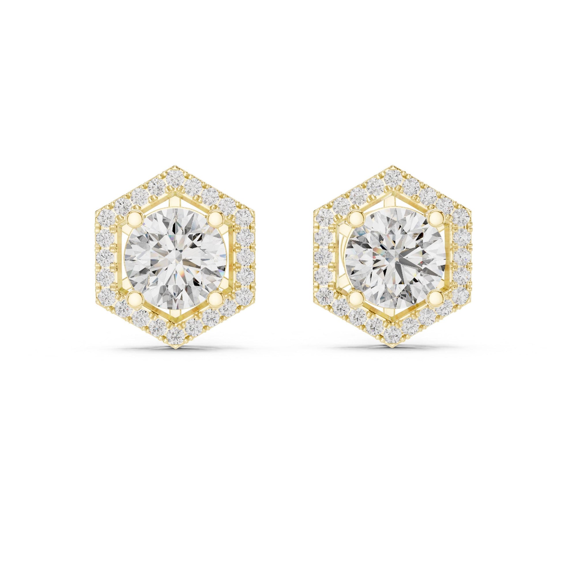 Riora hexagon moissanite diamond stud earrings in rose gold and silver, minimalist geometric dainty jewelry for women.