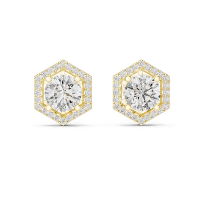 Riora hexagon moissanite diamond stud earrings in rose gold and silver, minimalist geometric dainty jewelry for women.