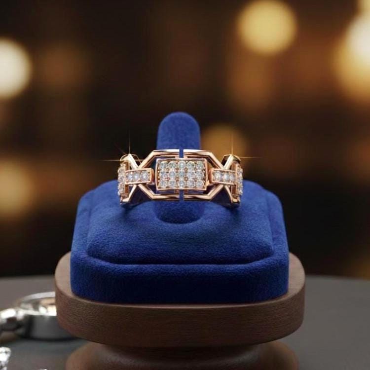 Riora luxury moissanite diamond ring with rose gold chunky band, statement jewelry for weddings or special occasions