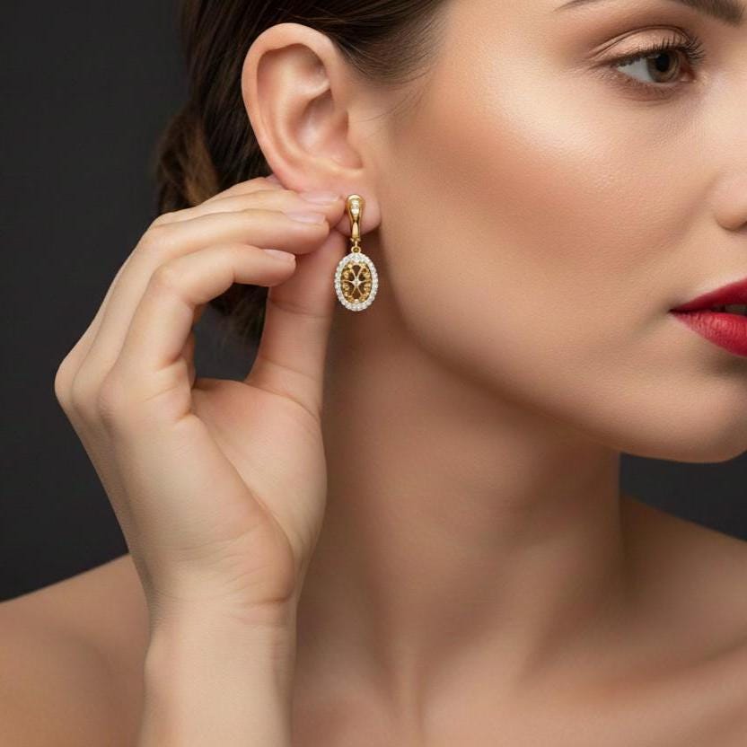 Moissanite Oval Drop Stud Earrings | Hypoallergenic Filigree Dangle Earrings | Gold, Rose Gold & Silver | Riora