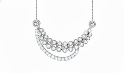 Elegant moissanite diamond leaf necklace by Riora, featuring gold and silver finishes, perfect for bridal or minimalist wedding jewelry.