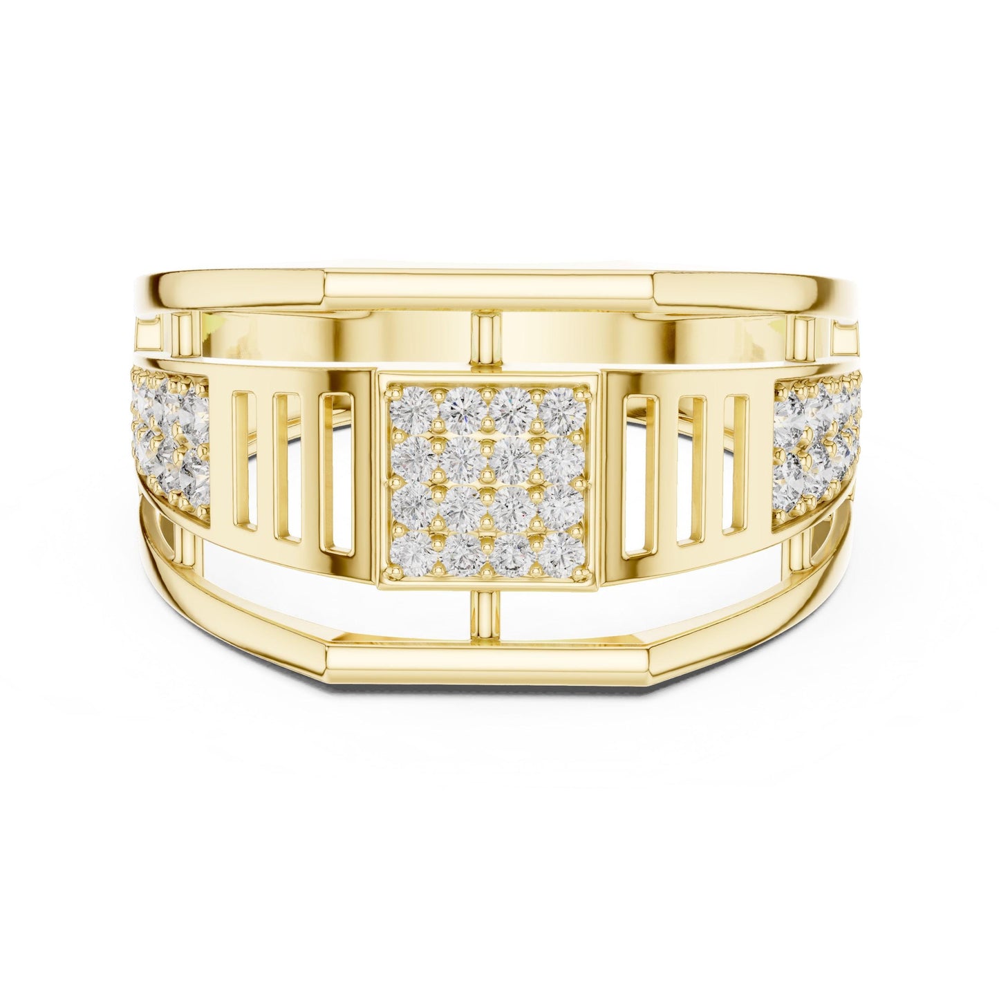 Men's CZ statement ring by Riora featuring a wide gold rose silver band, hypoallergenic fashion jewelry for special occasions.