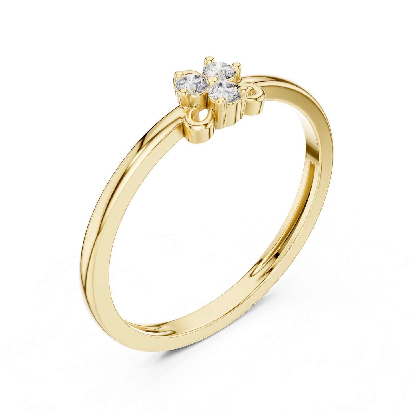 Riora dainty rose gold moissanite flower ring with delicate floral design, stackable promise band, minimal engagement jewelry
