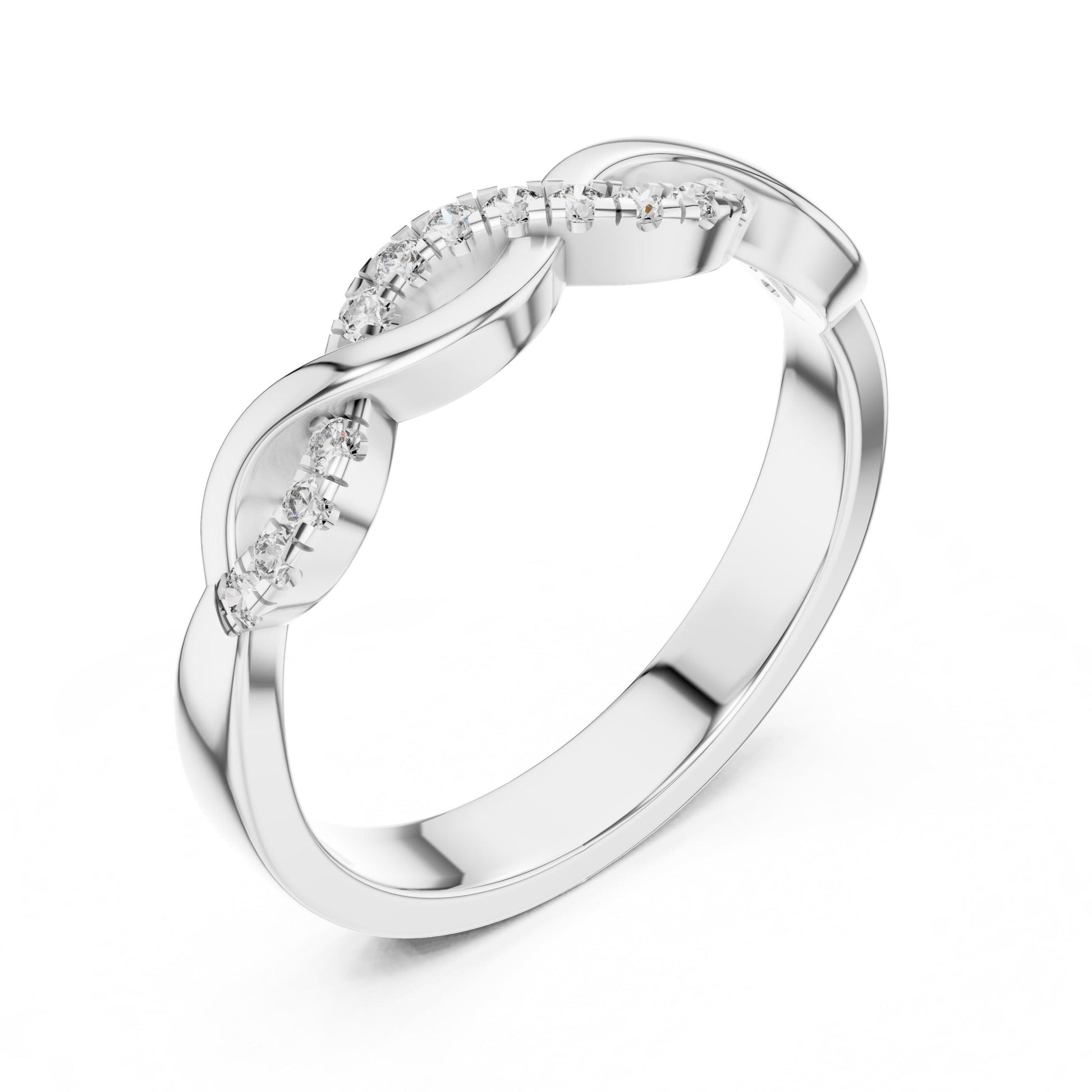Riora infinity twist moissanite diamond ring for women in rose gold, minimalist promise or wedding band jewelry.