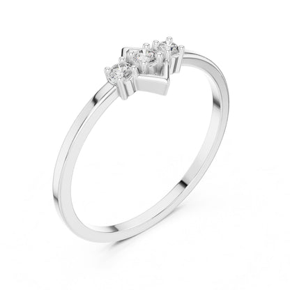 Rose gold three stone moissanite diamond ring with minimalist design, featuring a delicate band and sparkling stones for engagement or anniversary.