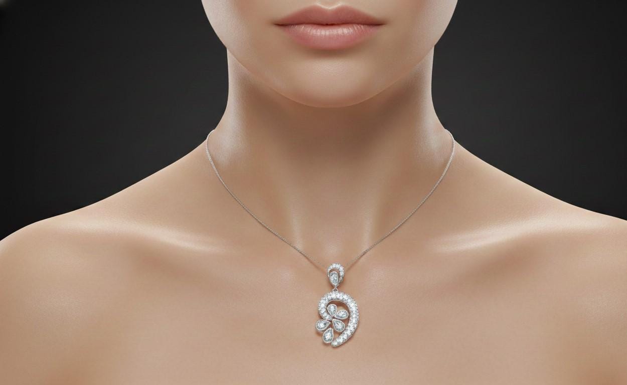 Floral Pendant Necklace, Rose Gold Silver Adjustable Chain Moissanite
