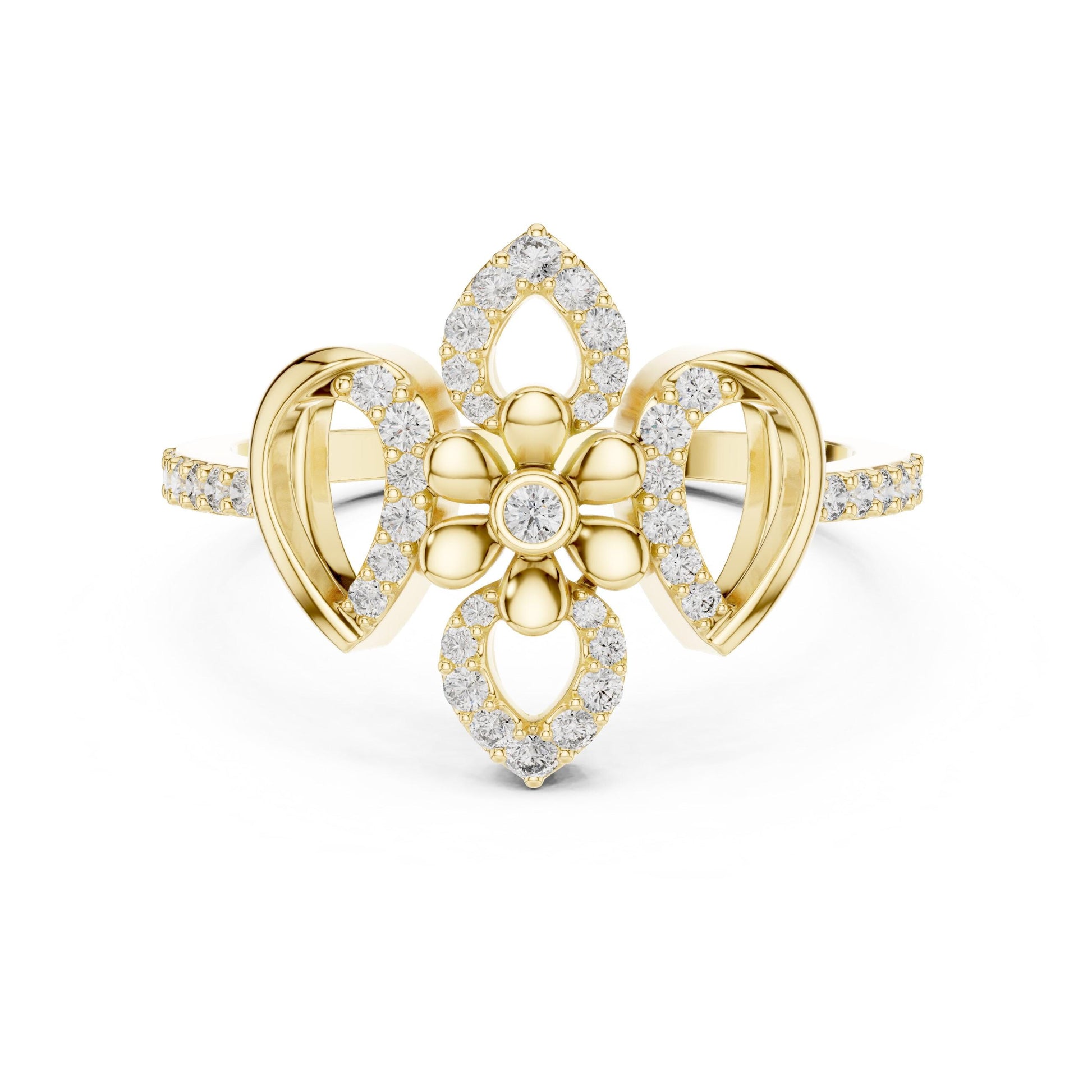 Rose gold vintage floral engagement ring with moissanite diamonds and intricate flower design by Riora.