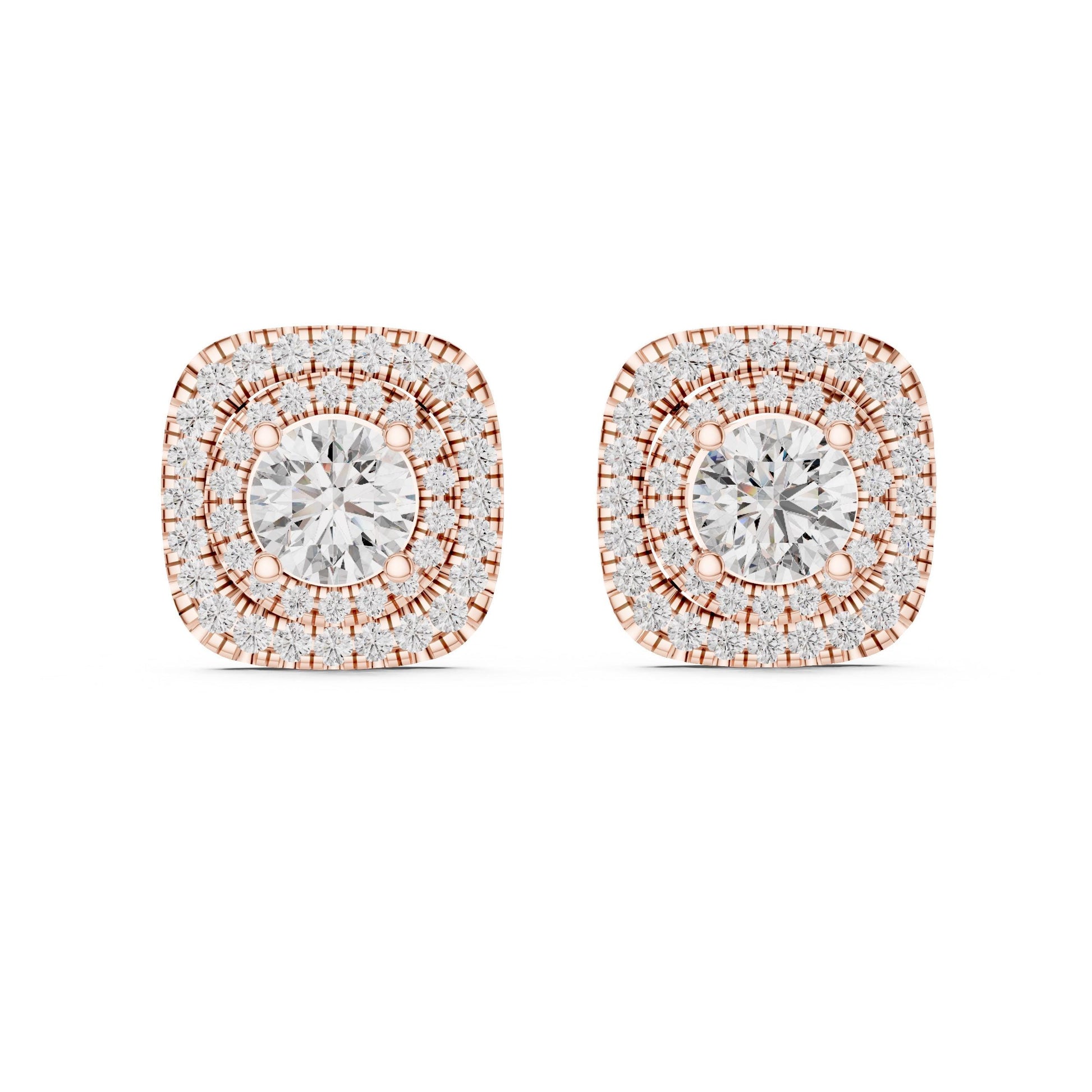 Rose gold moissanite diamond stud earrings with minimalist halo design, elegant jewelry gift for her or wedding accessory.
