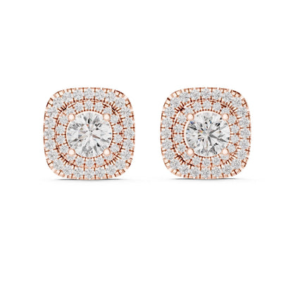 Rose gold moissanite diamond stud earrings with minimalist halo design, elegant jewelry gift for her or wedding accessory.