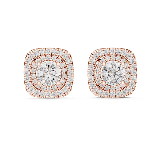 Rose gold moissanite diamond stud earrings with minimalist halo design, elegant jewelry gift for her or wedding accessory.