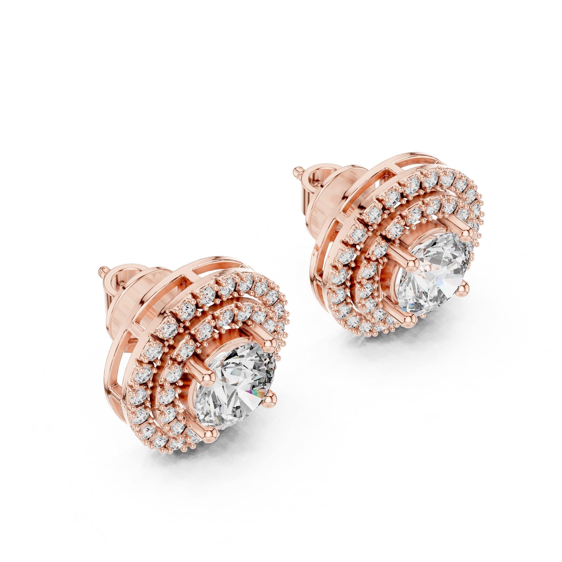 Riora luxury halo moissanite diamond stud earrings featuring round cut sparkling gemstones for bridal or wedding jewelry.