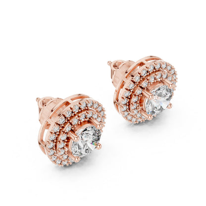 Riora luxury halo moissanite diamond stud earrings featuring round cut sparkling gemstones for bridal or wedding jewelry.