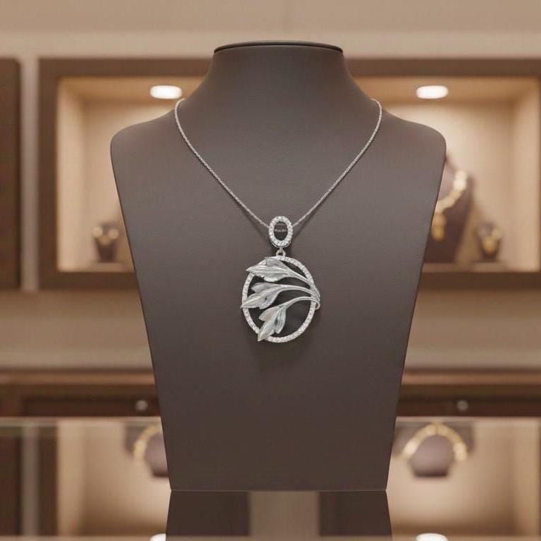 Leaf Oval Pendant Necklace, Gold Rose Silver Botanical Charm,  Gift for Her Valentine
