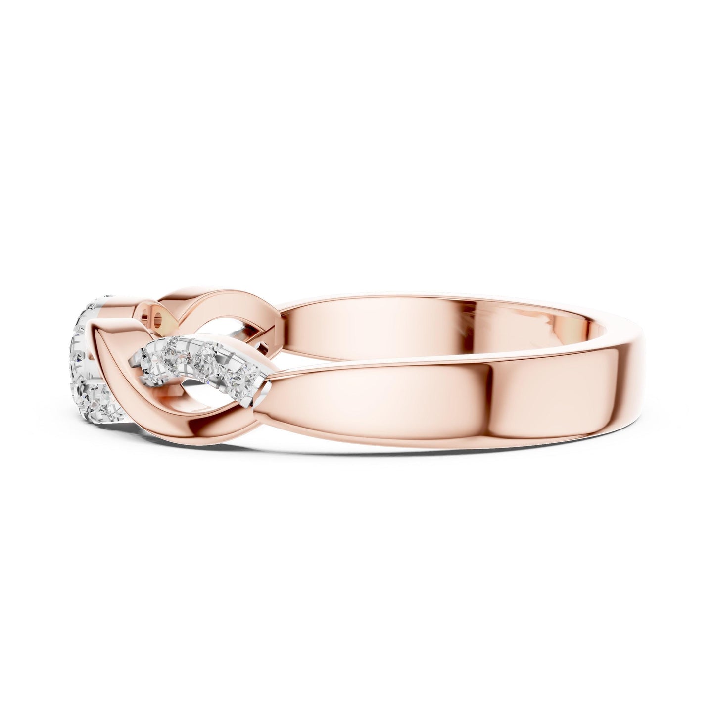 Riora Infinity Twist Moissanite diamond ring for women in rose gold, minimalist wedding and promise band with elegant design