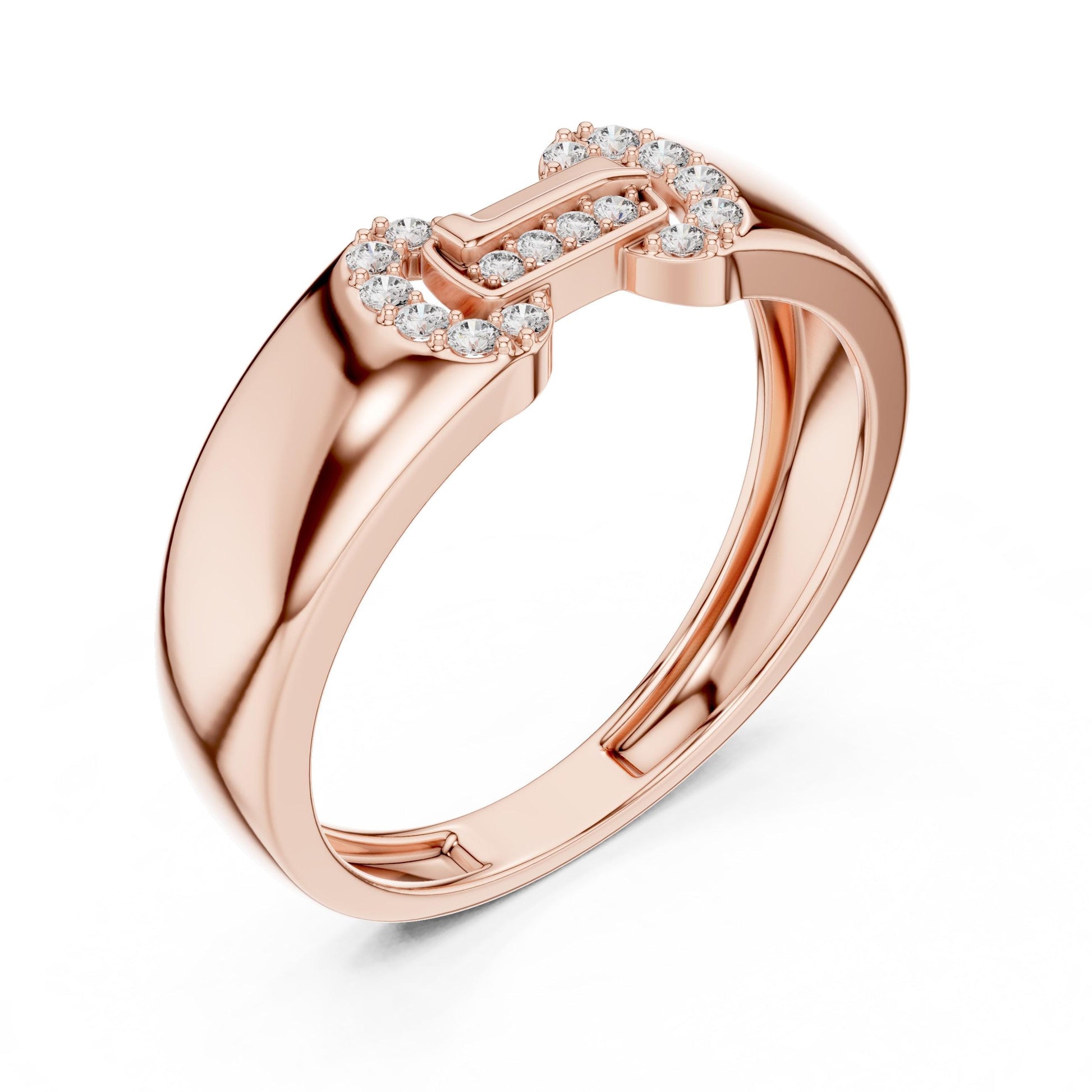 Rose gold moissanite diamond band ring by Riora, minimalist stacking wedding and anniversary jewelry with dainty, elegant design