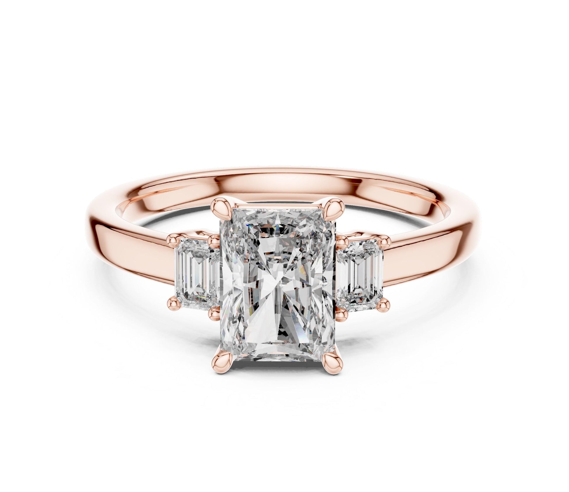 Riora radiant emerald cut cubic zirconia engagement ring in gold rose silver, showcasing a sparkling central stone and elegant band.